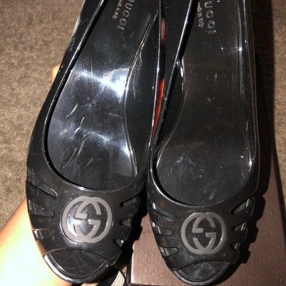 GUCCI BLACK JELLY WEDGES 7 1/2 AUTHENTIC - Picture 1 of 7